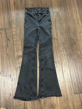 Black Washed Denim Jeans - High Rise Flare Long